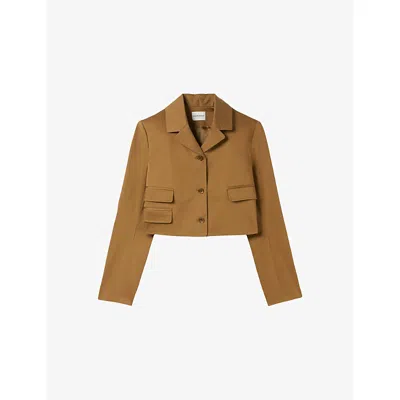 Claudie Pierlot Womens Tobacco Notch-lapel Single-breasted Cropped Cotton-blend Blazer