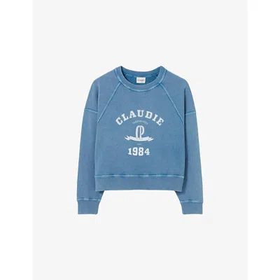 Claudie Pierlot Womens Washed Logo-print Cotton Sweatshirt Washy Blue