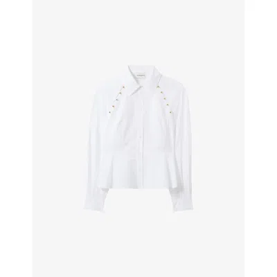 Claudie Pierlot Womens White Pointed-collar Embellished Cotton-poplin Shirt