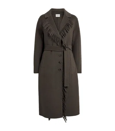 Claudie Pierlot Wool-blend Belted Fringe Coat In Green