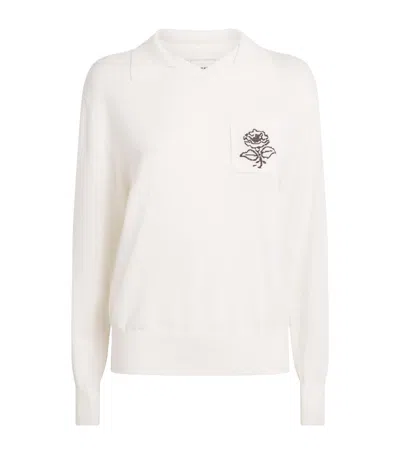 Claudie Pierlot Wool Embroidered Flower Polo Sweater In White
