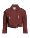 Claudie Woman Jacket Brown Size 6 Leather In Burgundy