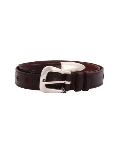 Claudio Orciani Slim Leather Floral Belt In Brown