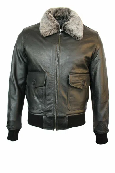Pre-owned Claw Intl Top Gun Men's Fur Bomber Air Force Style Black Real Cowhide Leather Jacket