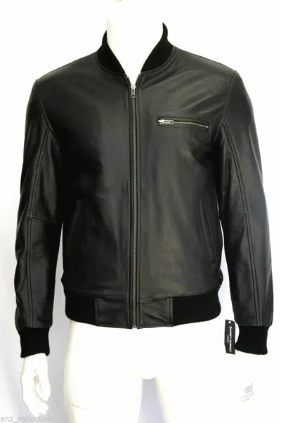 Pre-owned Claww Intl Men's Black Lambskin Leather Bomber Jacket With Shirt Style Knit Collar & Waist