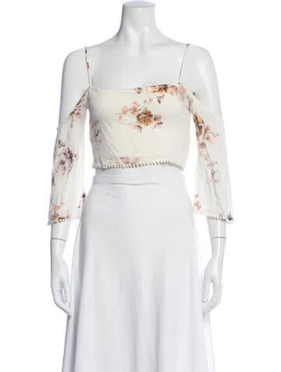 Pre-owned Clayton Floral Print Square Neckline Crop Top In White
