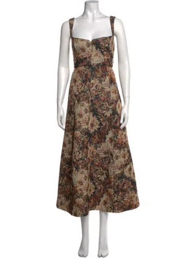 Pre-owned Clea Floral Print Midi Length Dress In Brown