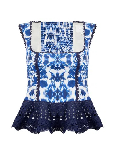 Clea Giselle Crochet-trim Shirred Top In Blue