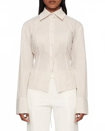 Clea Herman Striped Fitted Button-front Shirt In Oat Stripe In Neutral