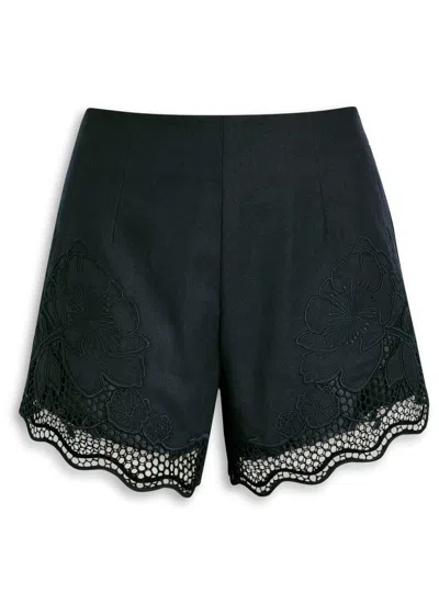 Clea Jade Floral-embroidered Linen-blend Shorts In Green