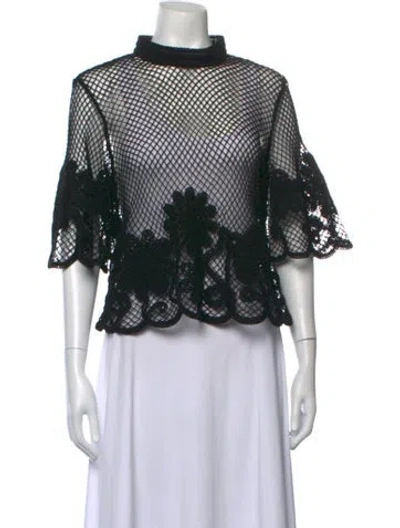 Pre-owned Clea Lace Pattern Mock Neck Top In Black
