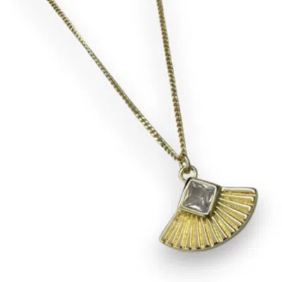 Clemence Wren Women's Art Deco Gemstone Fan Charm Pendant Necklace - Gold Plated