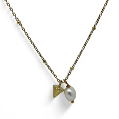 Clemence Wren Women's Gold / White Freshwater Pearl Pendant Necklace With Cone Charm - Gold