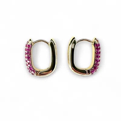 Clemence Wren Women's Red / Gold / Pink Oval Pave Gemstone Gold Huggie Earrings - Ruby Pink