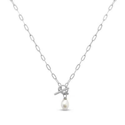 Clemence Wren Women's T-bar Paperclip Freshwater Pearl Necklace - Silver In Metallic