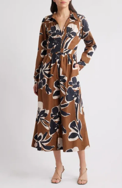 Cleobella Arabella Print Long Sleeve Cotton Poplin Midi Shirtdress In Smoked Clover