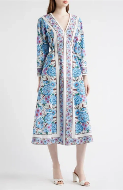 Cleobella Blanche Print Long Sleeve Organic Cotton Midi Dress In Blue