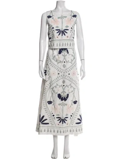 Pre-owned Cleobella Floral Print Keyhole Accent Skirt Suit In White