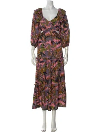 Pre-owned Cleobella Floral Print Long Dress In Gray