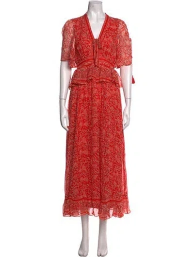 Pre-owned Cleobella Floral Print Long Dress In Red
