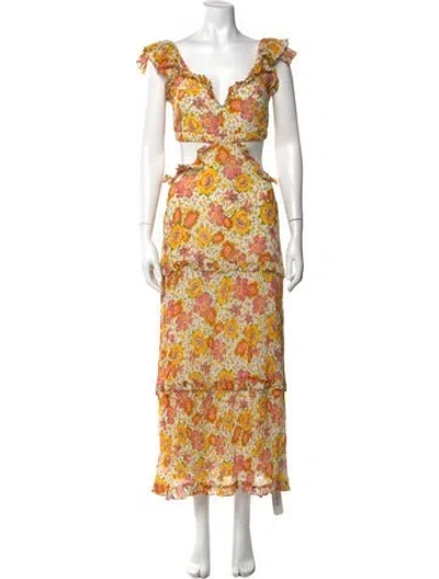 Pre-owned Cleobella Floral Print Long Dress In Yellow