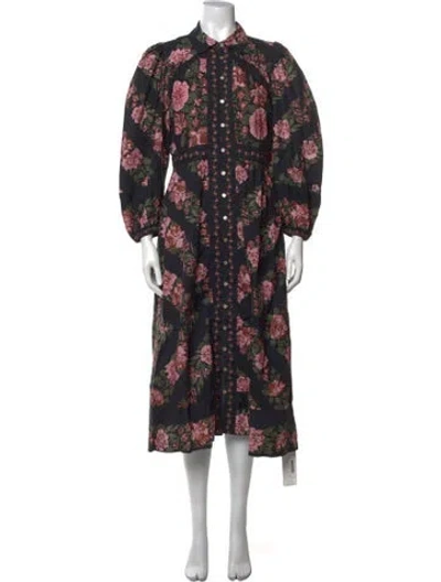 Pre-owned Cleobella Floral Print Midi Length Dress In Black