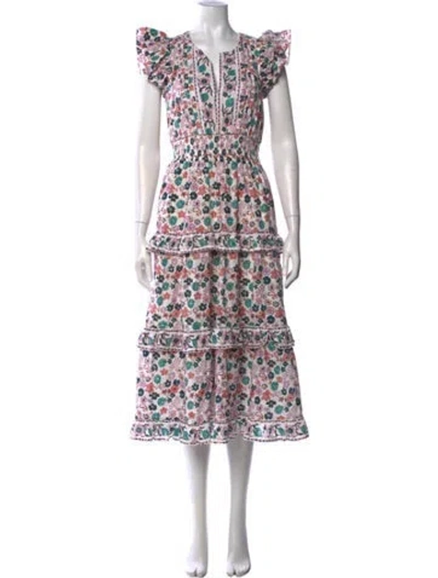 Pre-owned Cleobella Floral Print Midi Length Dress In White