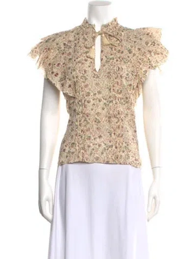 Pre-owned Cleobella Floral Print Tie Neck Blouse In Neutral