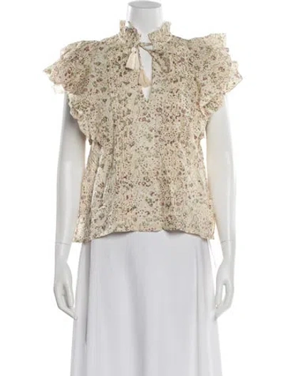 Pre-owned Cleobella Floral Print Tie Neck Blouse In Neutral
