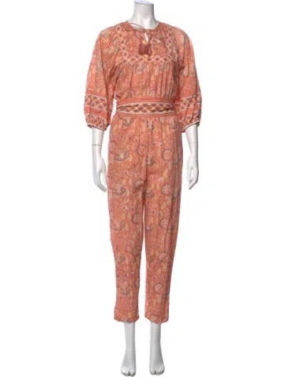Pre-owned Cleobella Floral Print Tie Neck Jumpsuit In Orange