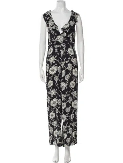Pre-owned Cleobella Floral Print V-neck Jumpsuit In Black