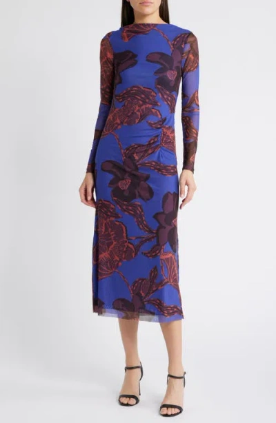 Cleobella Katya Floral Print Ruched Mesh Midi Dress In La Rouge Print