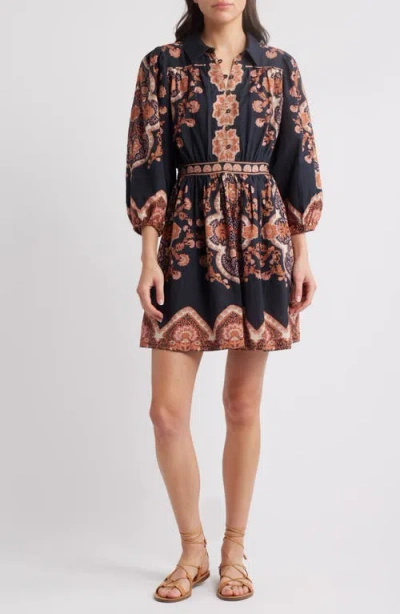 Cleobella Leigh Mixed Print Long Sleeve Cotton & Linen Minidress In Dark Lagos