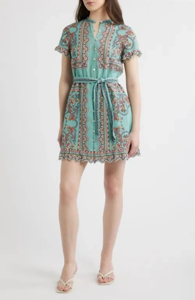 Cleobella Marni Scarf Print Cotton & Linen Mini Shirtdress In Green