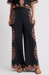 Cleobella Martin Medallion Print Cotton & Linen Wide Leg Pants In Dark Lagos