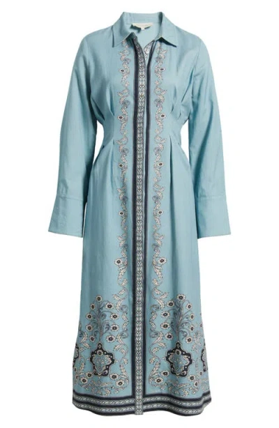 Cleobella Mirella Placed Print Long Sleeve Cotton & Linen Midi Dress In Cardamon Blue