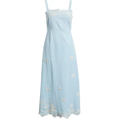 Cleobella Placed Floral Embroidery Cotton & Linen Chambray Sundress In Blue