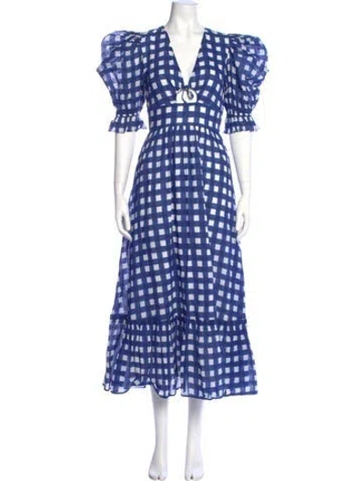 Pre-owned Cleobella Plaid Print Long Dress In Blue