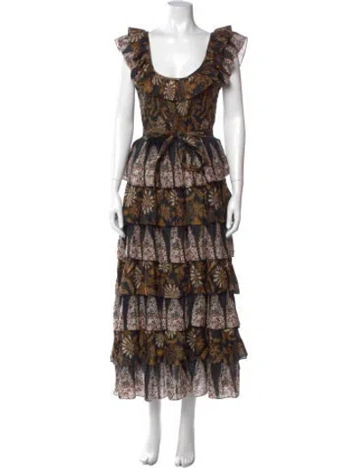Pre-owned Cleobella Printed Long Dress In Brown