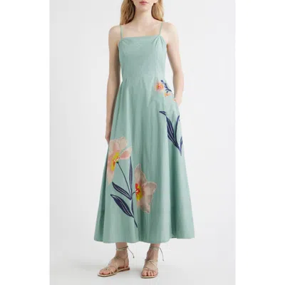Cleobella Riley Placed Floral Organic Cotton Poplin Maxi Dress In Green