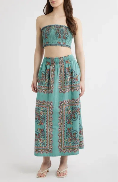 Cleobella Scarf Print Cotton & Linen Tube Top & Maxi Skirt Set In Blue