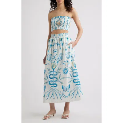 Cleobella Sylvan Smocked Cotton & Linen Top & Skirt Set In Blue