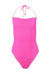 Cleonie Clifton Maillot Swimsuit | One Size Fit Crinkle Strapless One Piece | Halter Feature | Stretchy Desi In Pink
