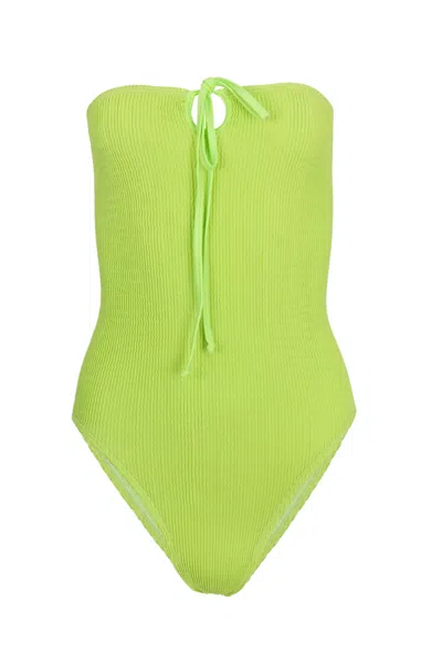 Cleonie Era Maillot Swimsuit | One Size Fit Crinkle Fabric | Strapless Bandeau One Piece | Stretchy Designer In Green