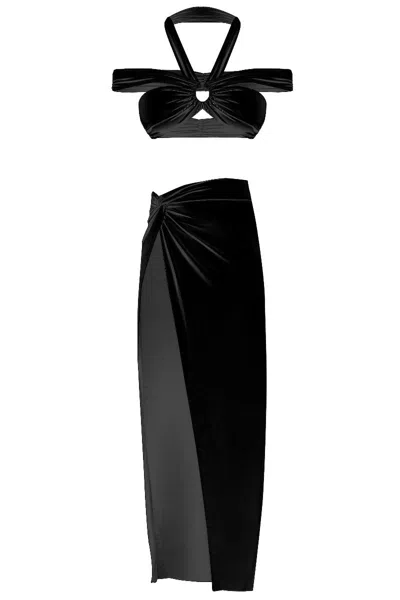 Cliche Reborn Women's Black Halter Neck Bandeau & High Slit Skirt Set