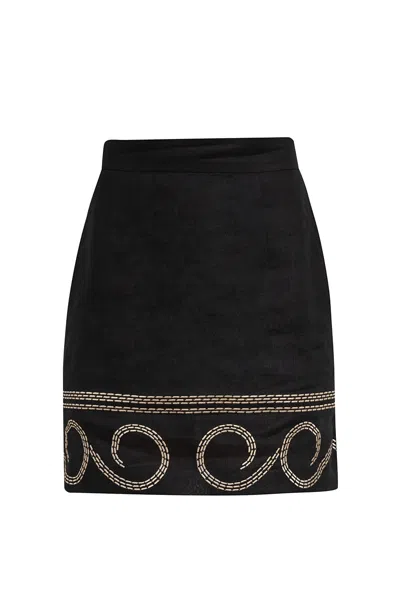 Cliche Reborn Women's Black Linen Embroidered Mini Skirt