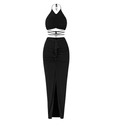 Cliche Reborn Women's Black Set Of Long Skirt With Slit & Top With Ties