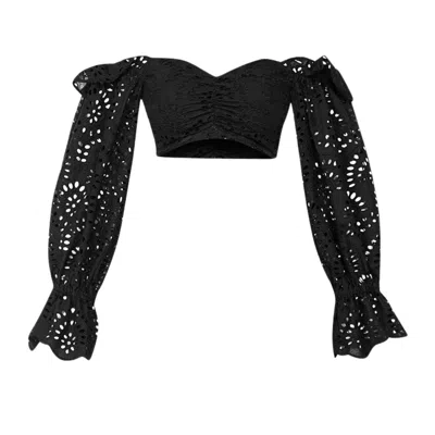 Cliche Reborn Women's Black Top With English Embroidery & Sleeves