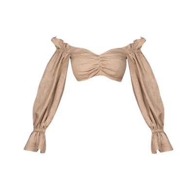 Cliche Reborn Women's Brown Beige Linen Off Shoulder Top With Sleeves