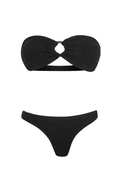 Cliche Reborn Women's Leyla Black Crinkle Bandeau Bikini Set With Ring Front